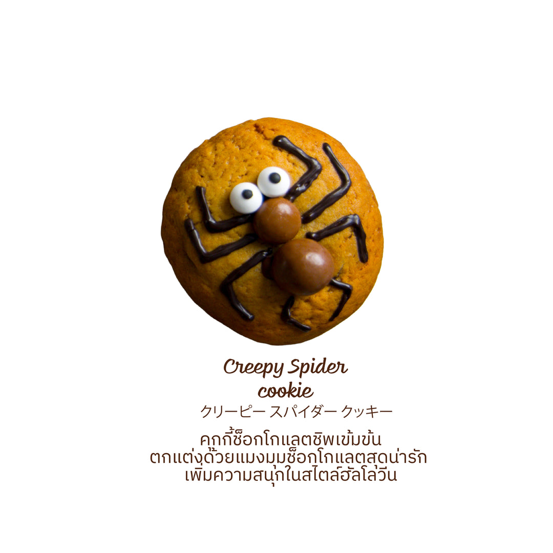 Spider-shaped cookie with chocolate spider design on a white background