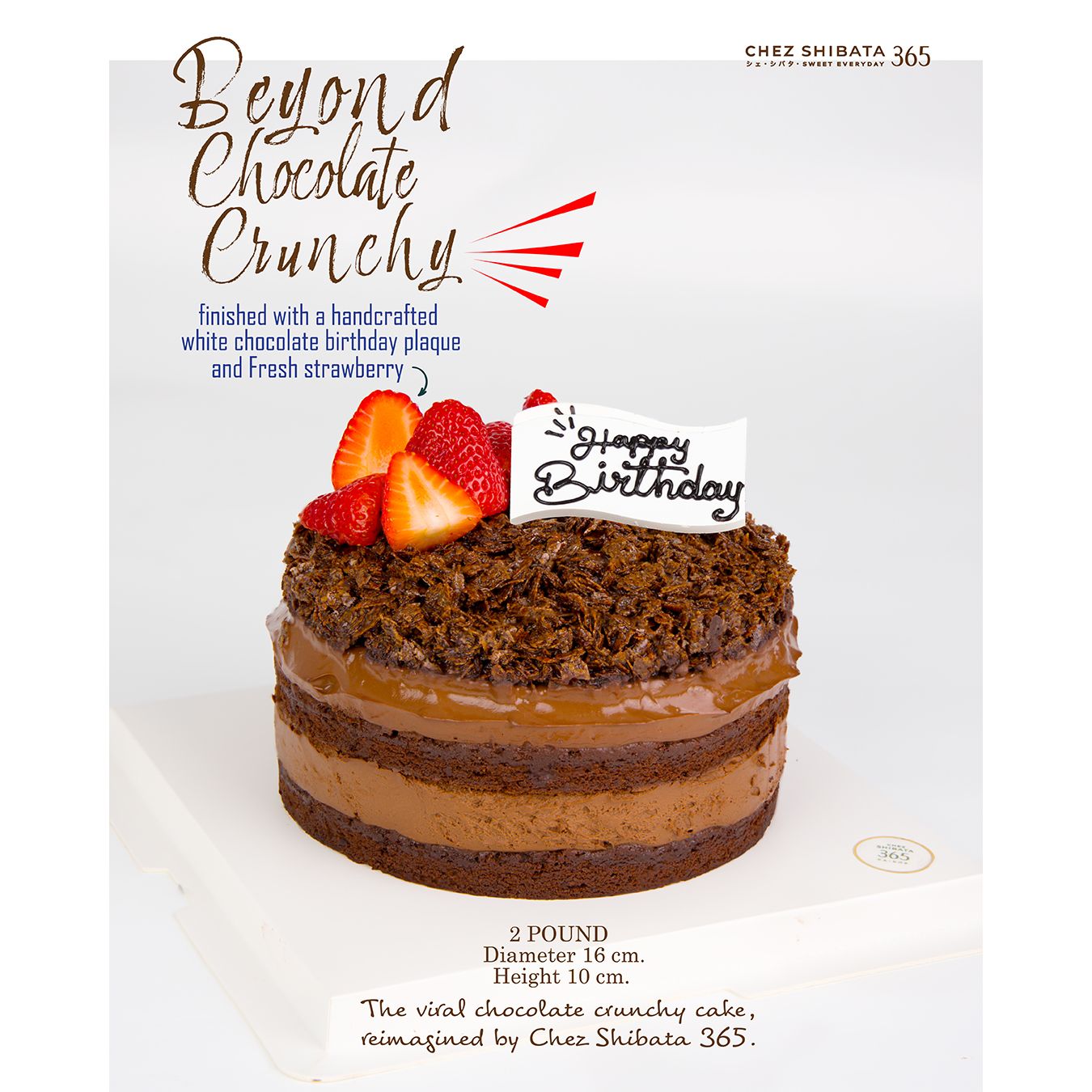 Chocolate birthday cake with strawberries and a 'Happy Birthday' sign on a white background, featuring text about Chez Shibata 365.