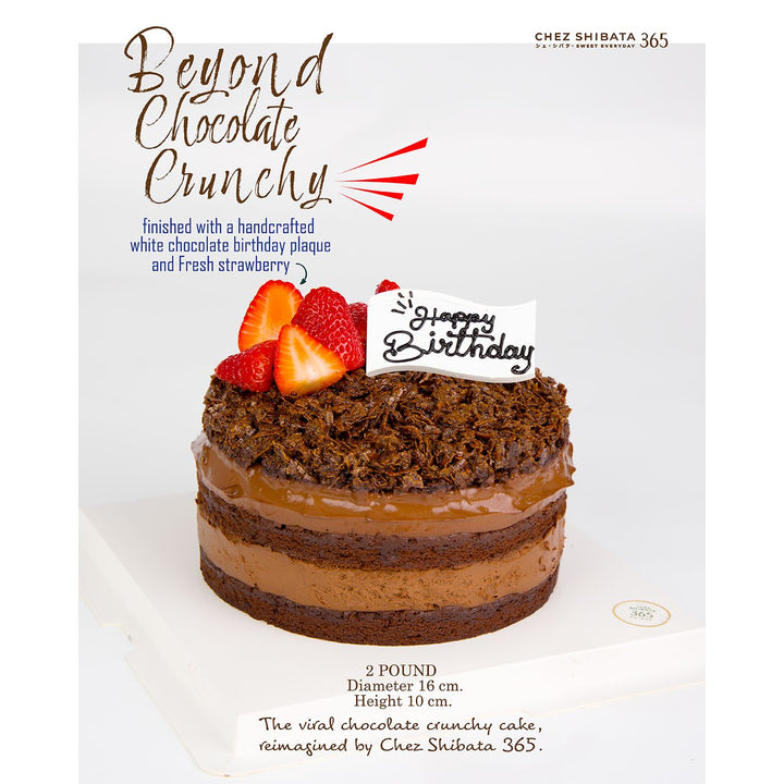 Chocolate birthday cake with strawberries and a 'Happy Birthday' sign on a white background, featuring text about Chez Shibata 365.