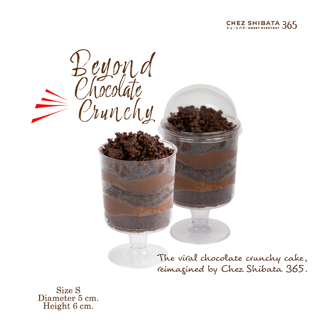 Two chocolate crunchy cakes in clear containers with text about Chez Shibata 365 on a white background.