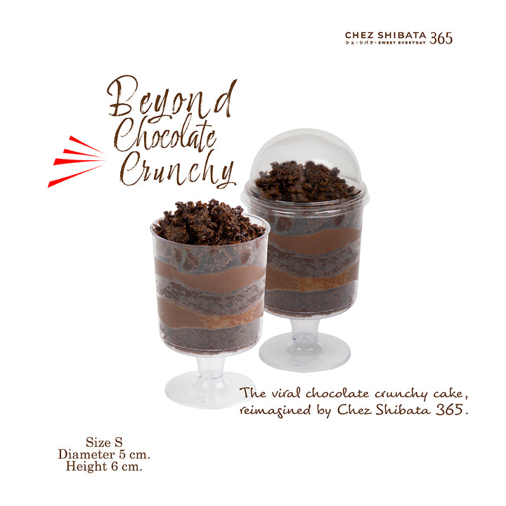 Two chocolate crunchy cakes in clear containers with text about Chez Shibata 365 on a white background.