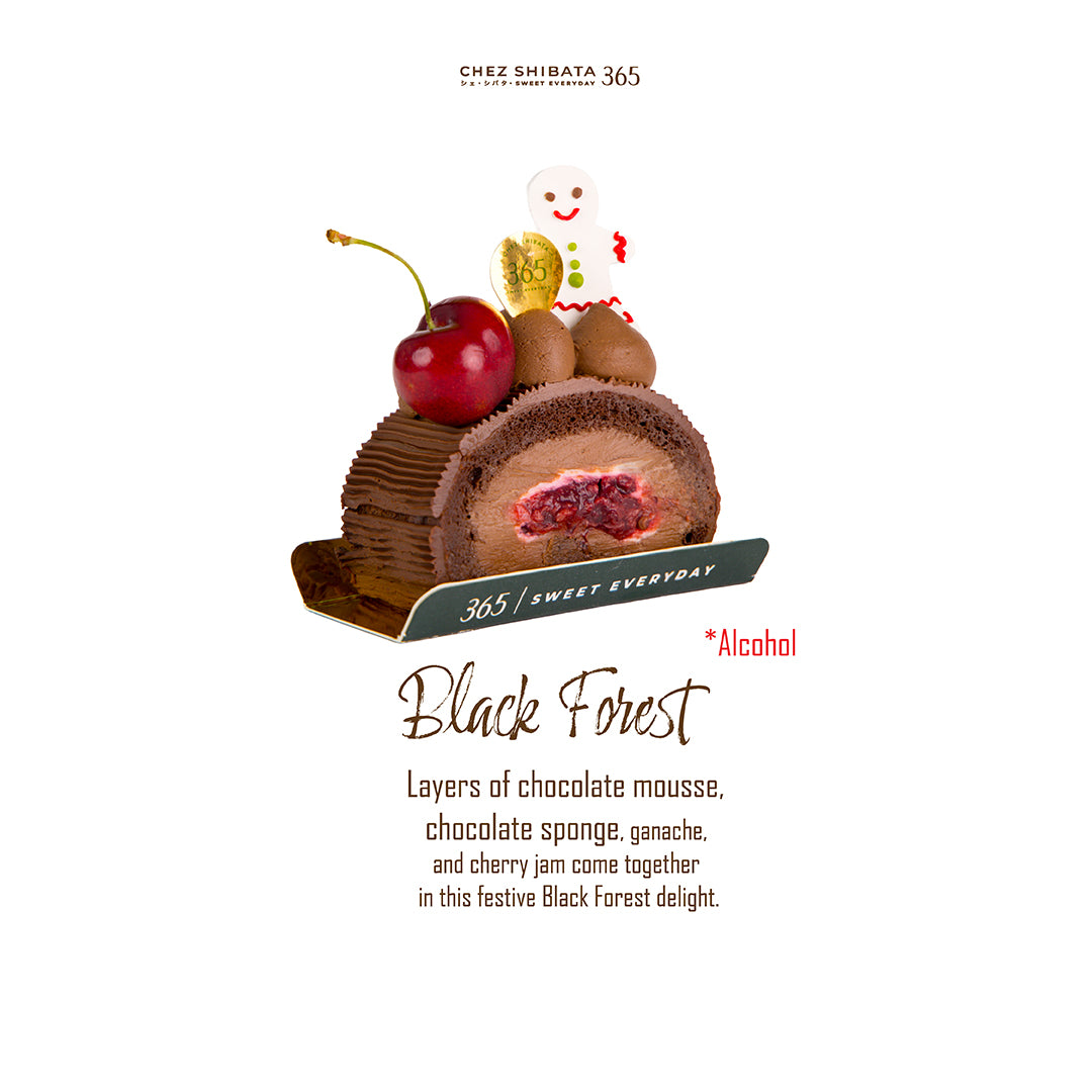 A premium Black Forest Christmas cake from Chez Shibata 365 featuring rich chocolate mousse, chocolate sponge, Morello cherry jam infused with alcohol, topped with fresh cherries and elegant festive decorations
