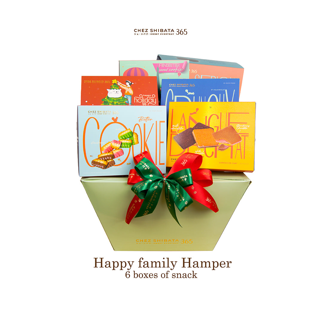 Happy family hamper with six snack boxes and a decorative bow from Chez Shibata365