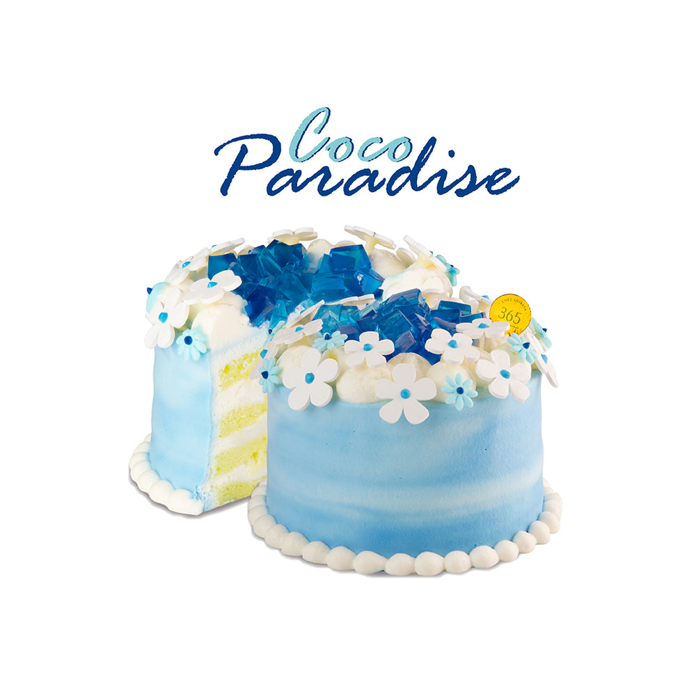 Decorative cake with blue and white design, featuring the text 'Coco Paradise' on a white background. Coco Paradise  Mothers day cake from Chez Shibata365