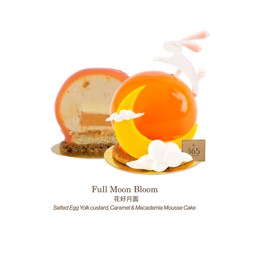 Full Moon Bloom dessert with caramel and macadamia mousse on a white background