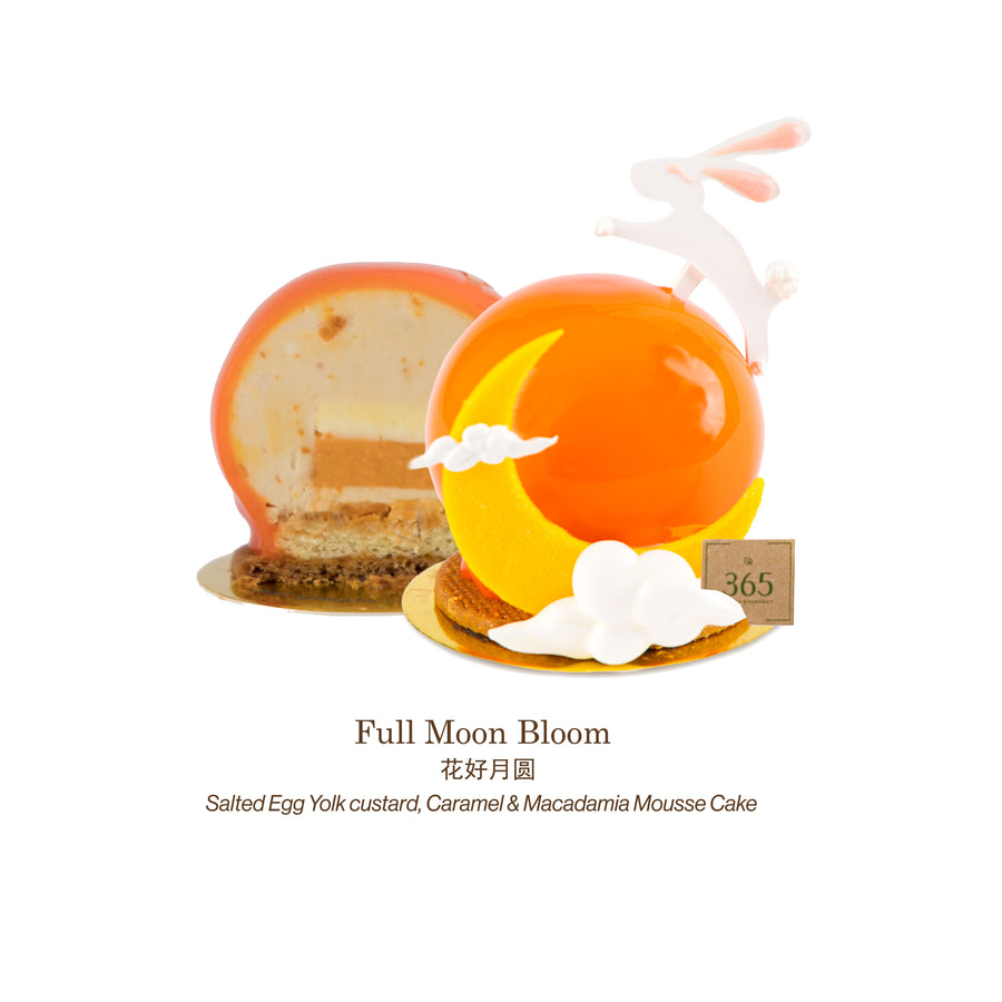 Full Moon Bloom dessert with caramel and macadamia mousse on a white background
