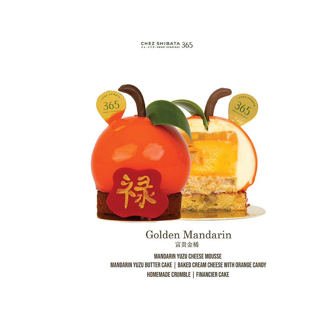 Two layered cake resembling mandarin oranges cake with 'Chez Shibata 365' branding on a white background.