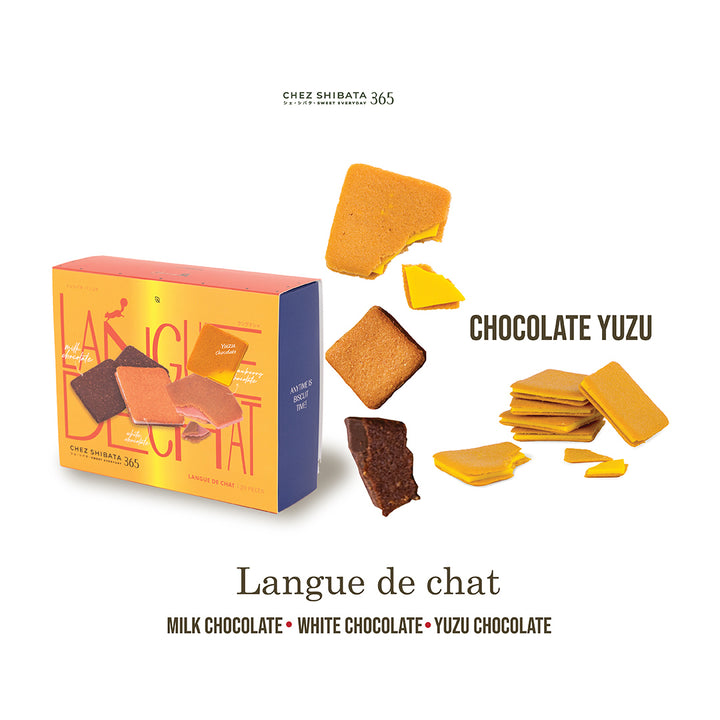 Box of 'Langue de chat' chocolate yuzu with pieces of chocolate on a white background Chez Shibata365 Chinese new year collection