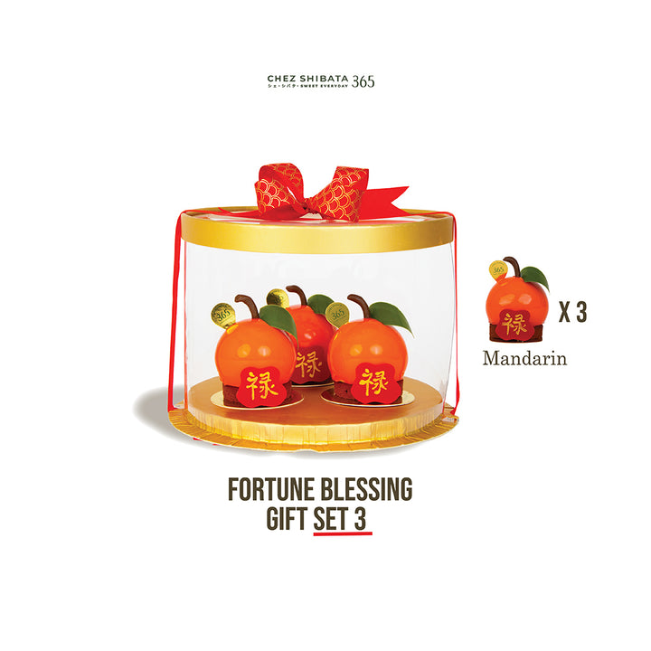 Fortune blessing gift set with mandarin oranges cake in a clear container on a white background Chez Shibata365 Chinese new year collection