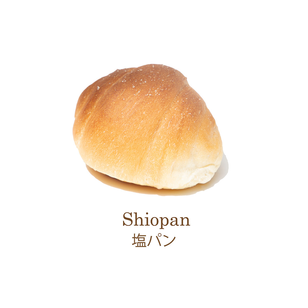 A golden-brown salted butter roll (Shiopan) with a slightly glossy top, sprinkled with coarse salt, placed on a white background. Chez Shibata365