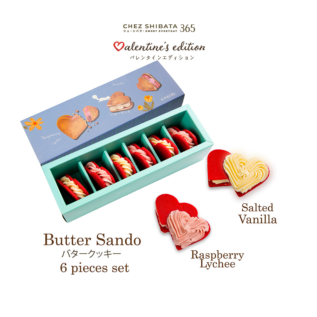 Box of Butter Sando with heart-shaped cookies, labeled 'Chez Shibata 365 Valentine's edition', on a white background.