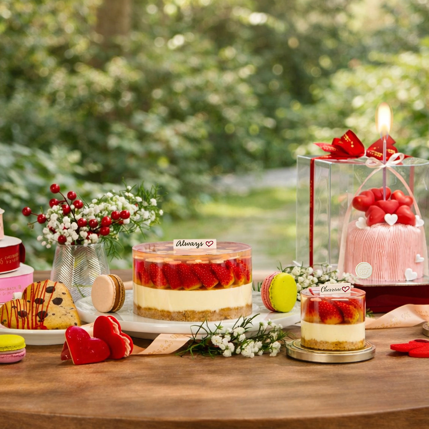 Table with various desserts and a gift box on a blurred green outdoor background