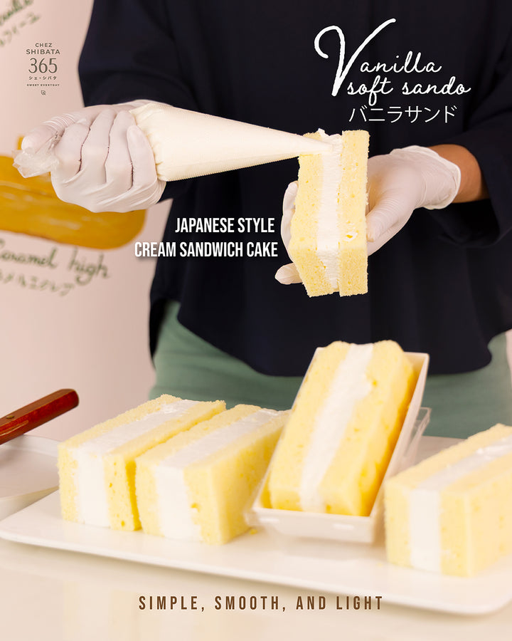 Vanilla soft sando – Japanese style cream sandwich cake with light sponge and fresh whipped cream being piped by hand at Chez Shibata 365