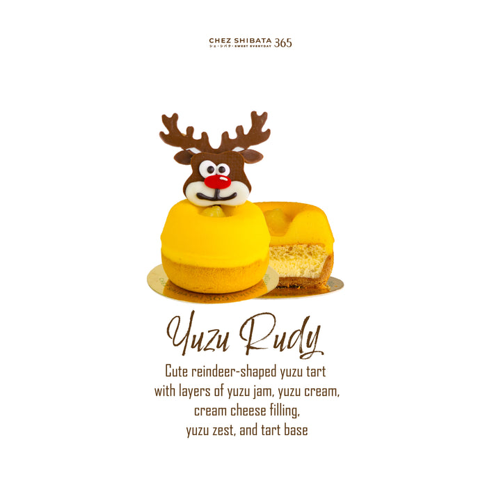Reindeer-shaped yuzu tart from Chez Shibata 365 with layers of yuzu jam, yuzu cream, cream cheese filling, yuzu zest, and tart base; Christmas dessert; premium Japanese yuzu cake.