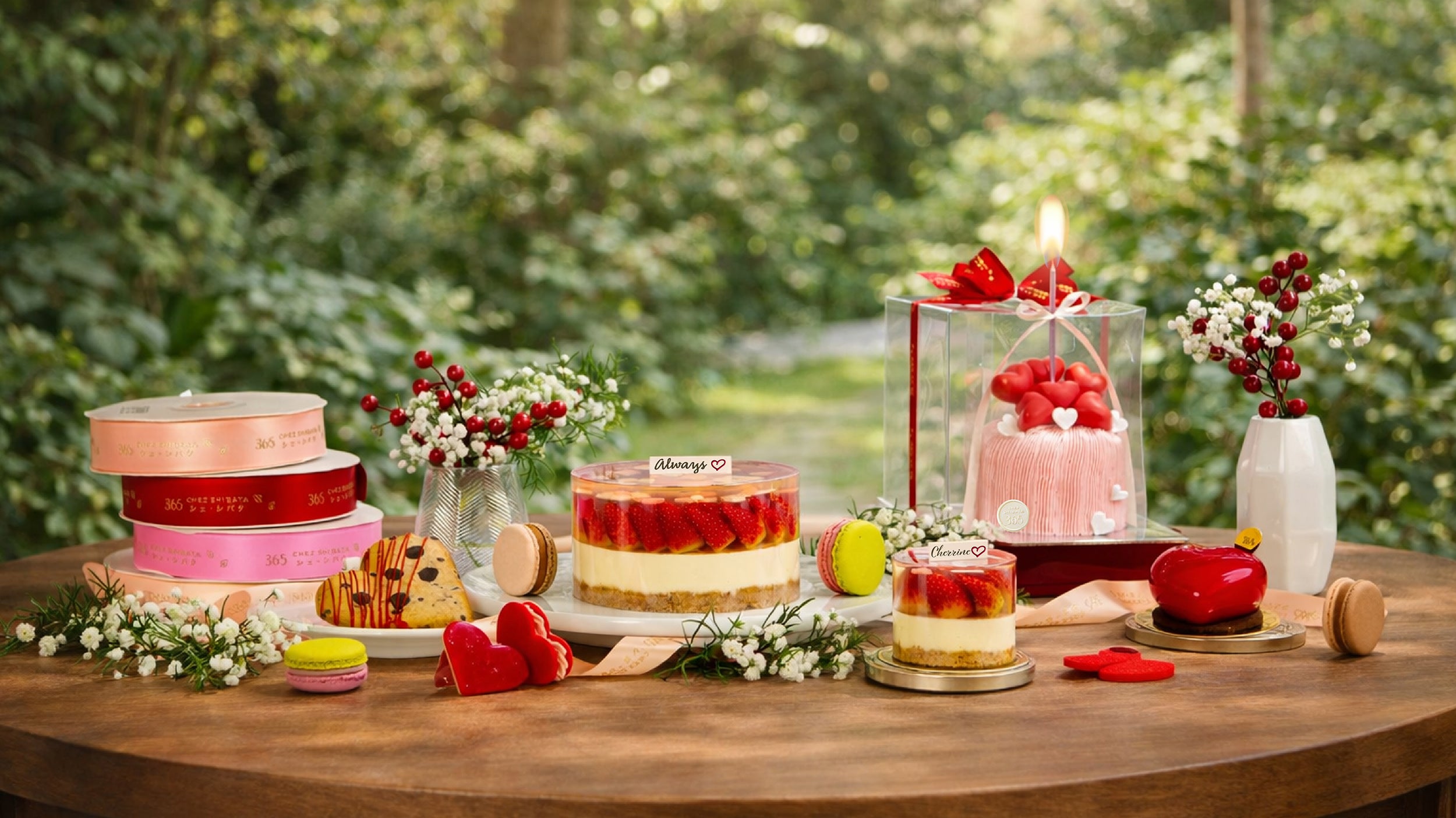 Table with various desserts and decorative items outdoors Valentines edition chez shibata365