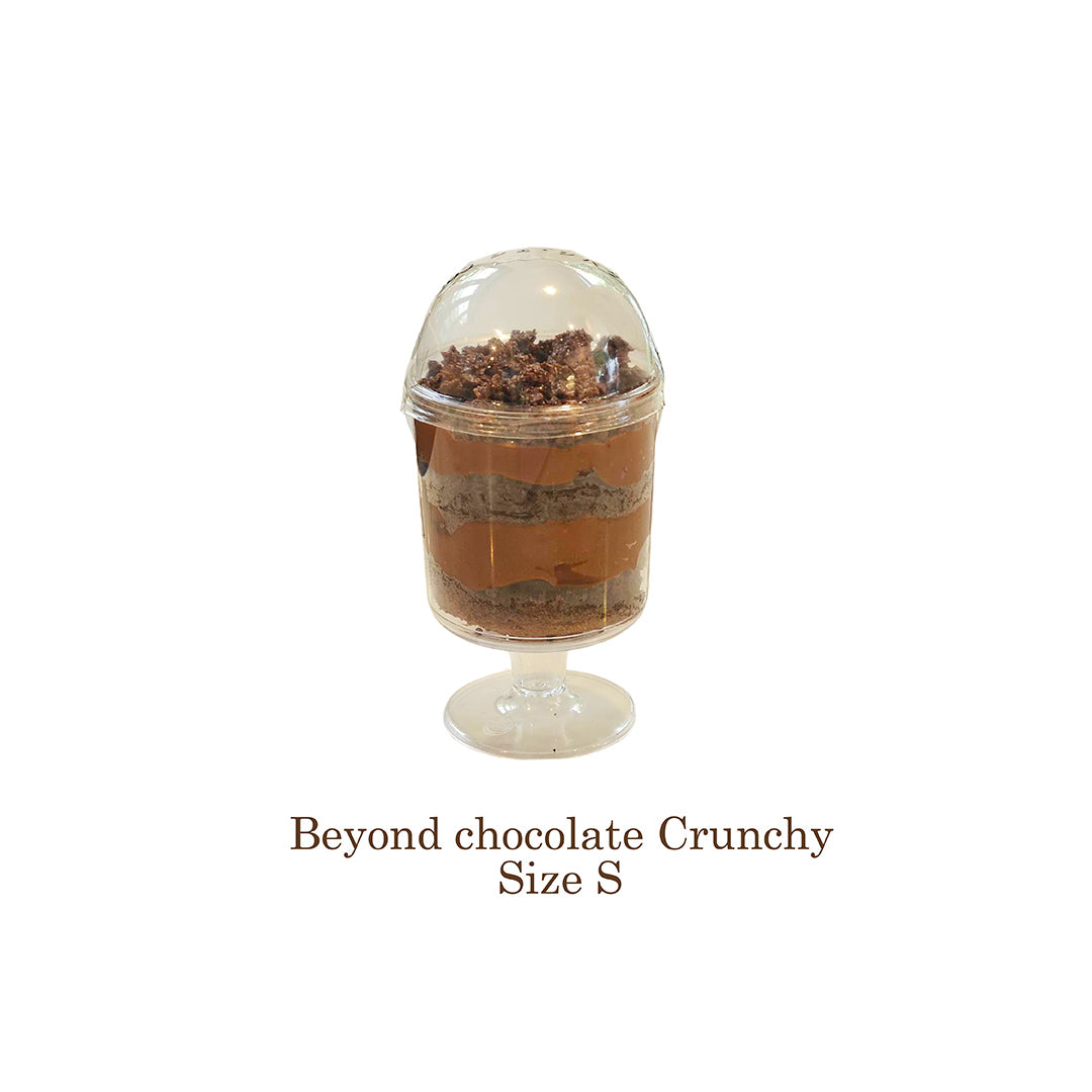 Small container with layered dessert on a white background, labeled 'Beyond chocolate Crunchy Size S'.