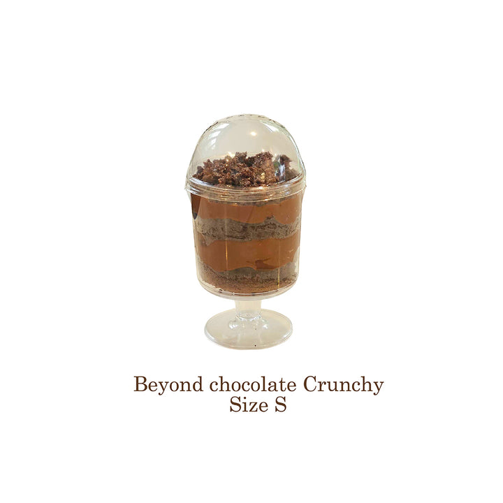 Small container with layered dessert on a white background, labeled 'Beyond chocolate Crunchy Size S'.
