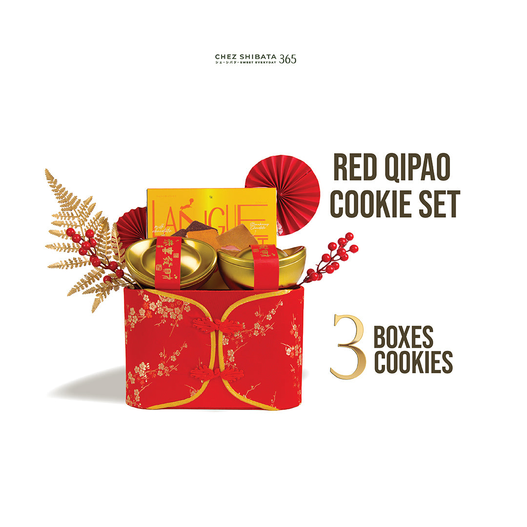 Red Qipao cookie set with gold cookies and decorative elements on a white background Chez Shibata365 Chinese new year collection