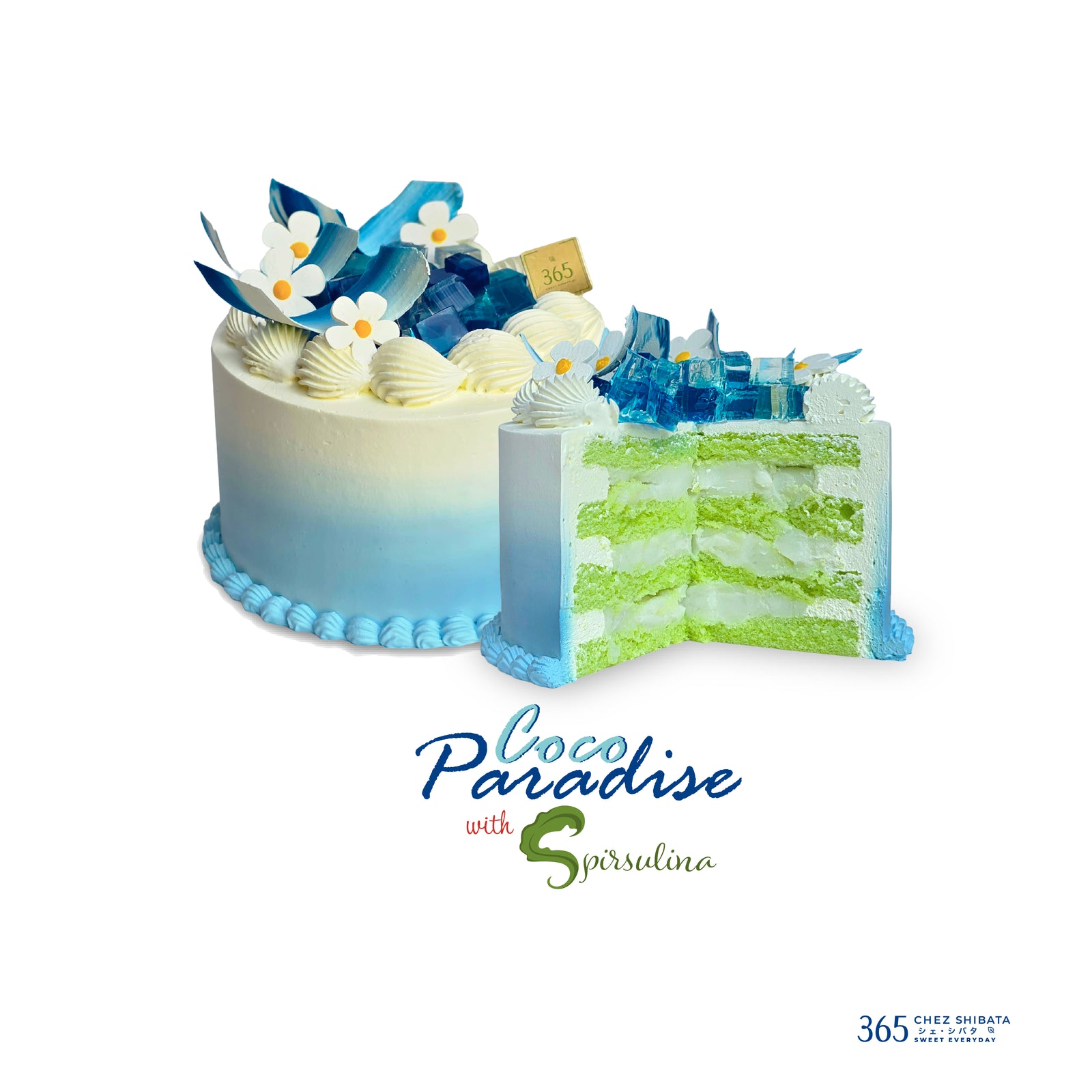 A blue and white tiered cake decorated with seashells, blue flowers, and white chocolate details, shown with a slice cut out to reveal green and white layers. The text 'Coco Paradise with Spirulina' is written below on a white background. Chez shibata365